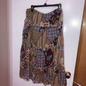 Studio 1940 Skirt Women Medium Boho Patch Teal Brown Maxi Long Tiered